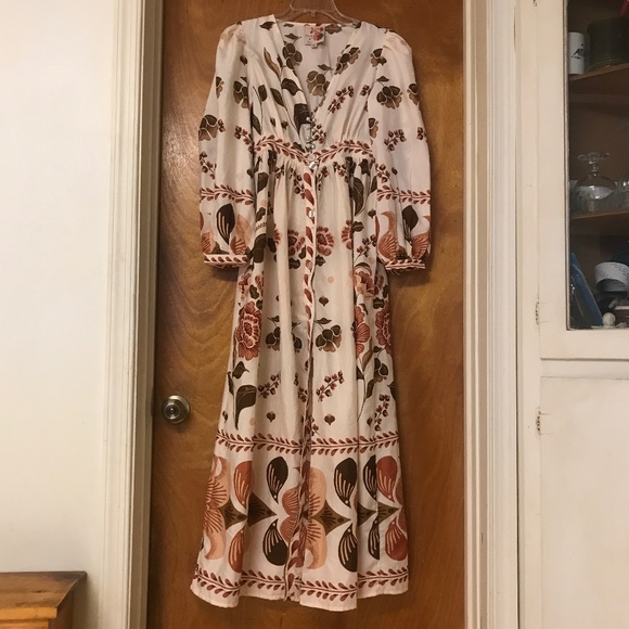Truly 4 You Dresses & Skirts - Truly 4 You Anthropologie Cream/ Brown flowers Flowy puff sleeve Maxi Dress